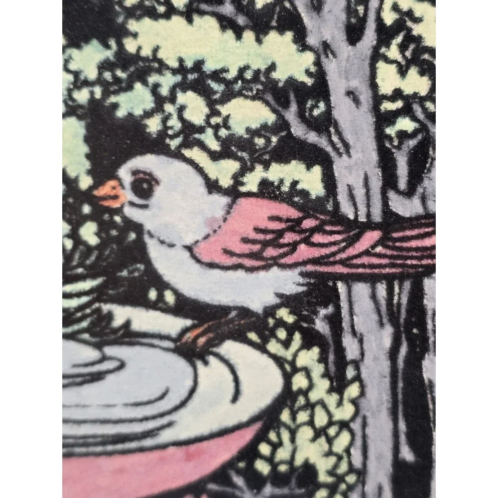 90's Fuzzy Velvet Art 8x10 Wooden Picture Frame Easel Back Birds Garden Birdbath